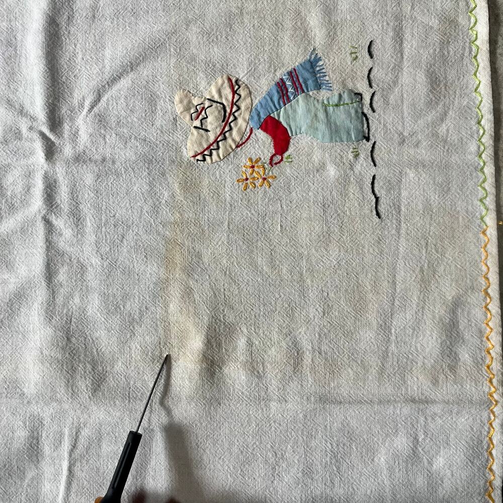 Vintage Mexican Embroidered Tablecloth Folk Art Linen 1940s Colorful Figures - Picture 9 of 14